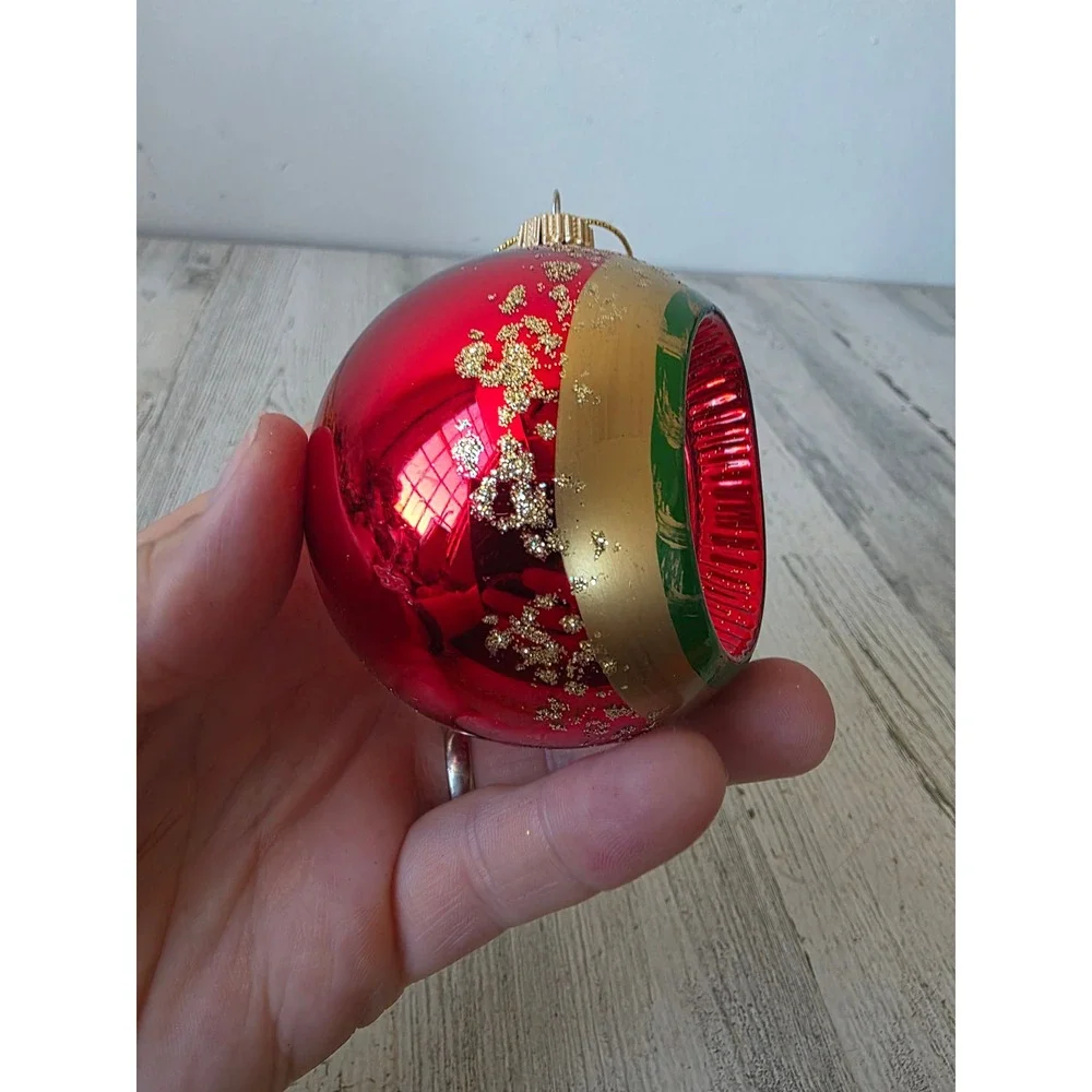 Vintage Kurt Adler red indent ball gold glitter ornament glass Xmas tree